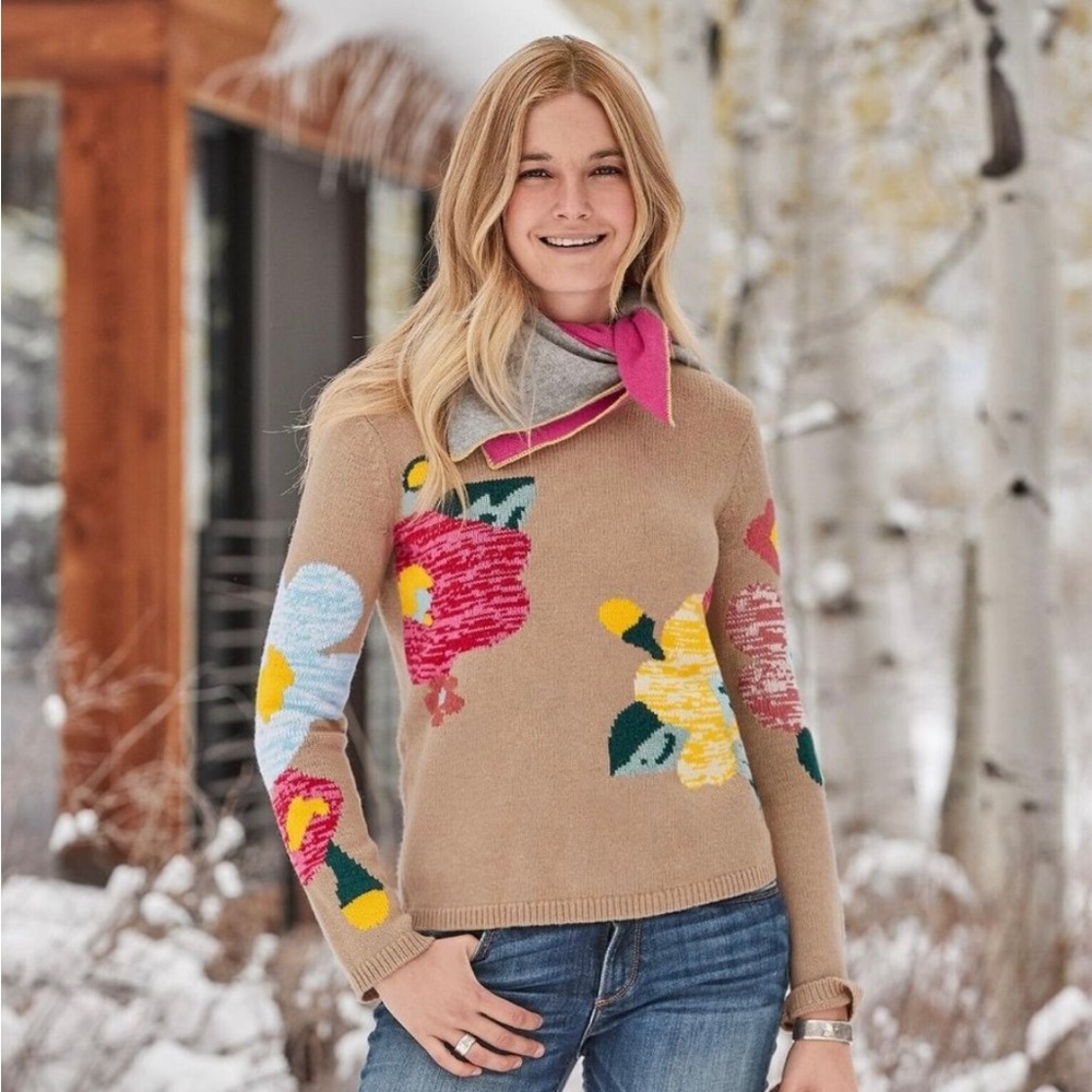 Sundance winter flowers floral pattern wool blend crew pullover sweater small